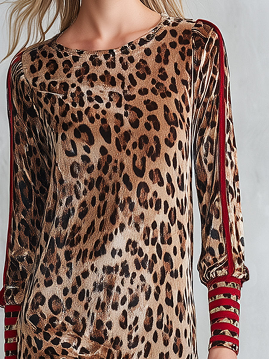 Retro Color-block Striped Leopard Print Slit Velvet Midi Dress  - By Qivii