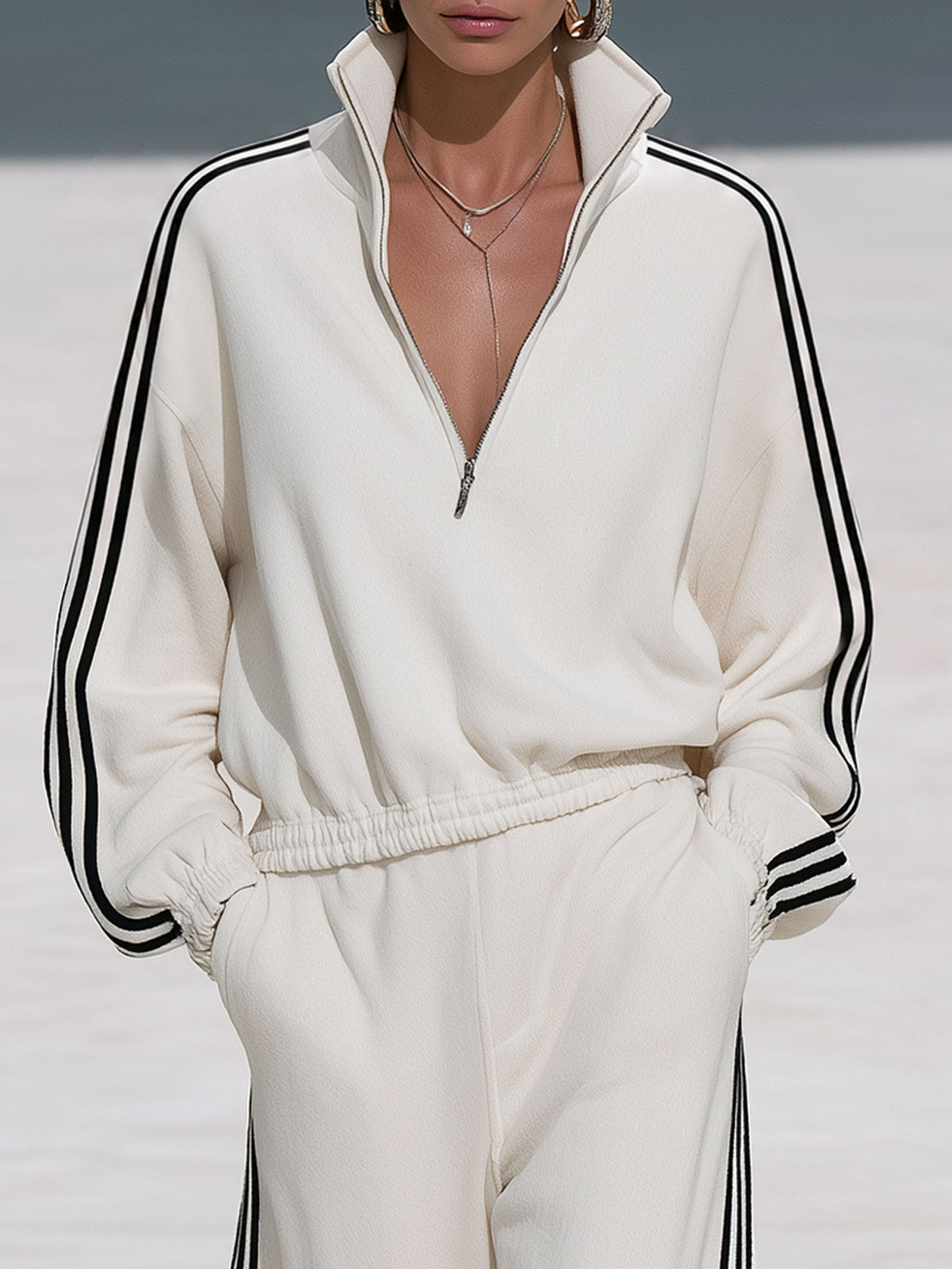 Casual Sporty Black Ribbon White Half-Zip Sweatshirt And Wide-Leg Pants Set  - By Qivii