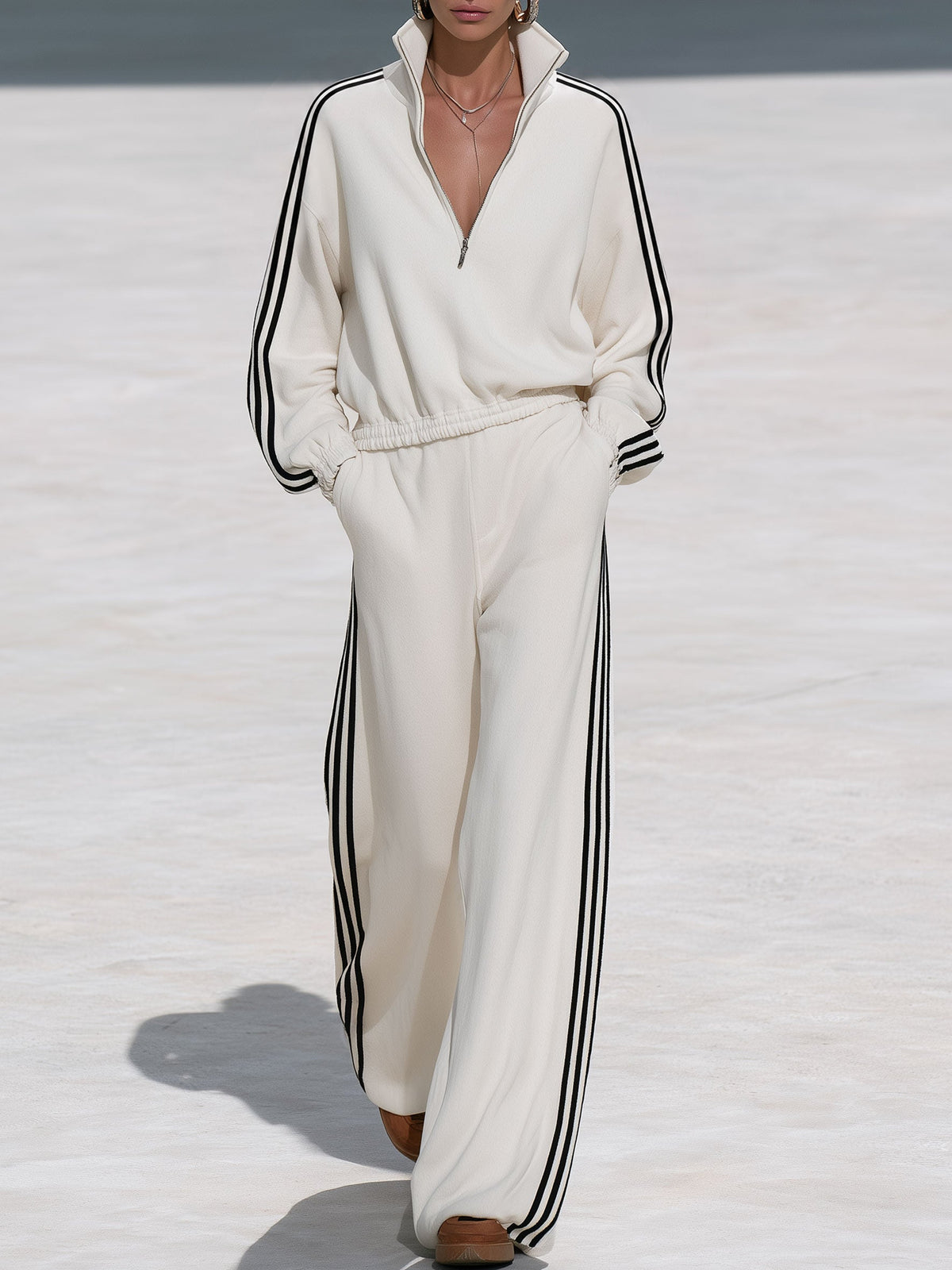 Casual Sporty Black Ribbon White Half-Zip Sweatshirt And Wide-Leg Pants Set  - By Qivii