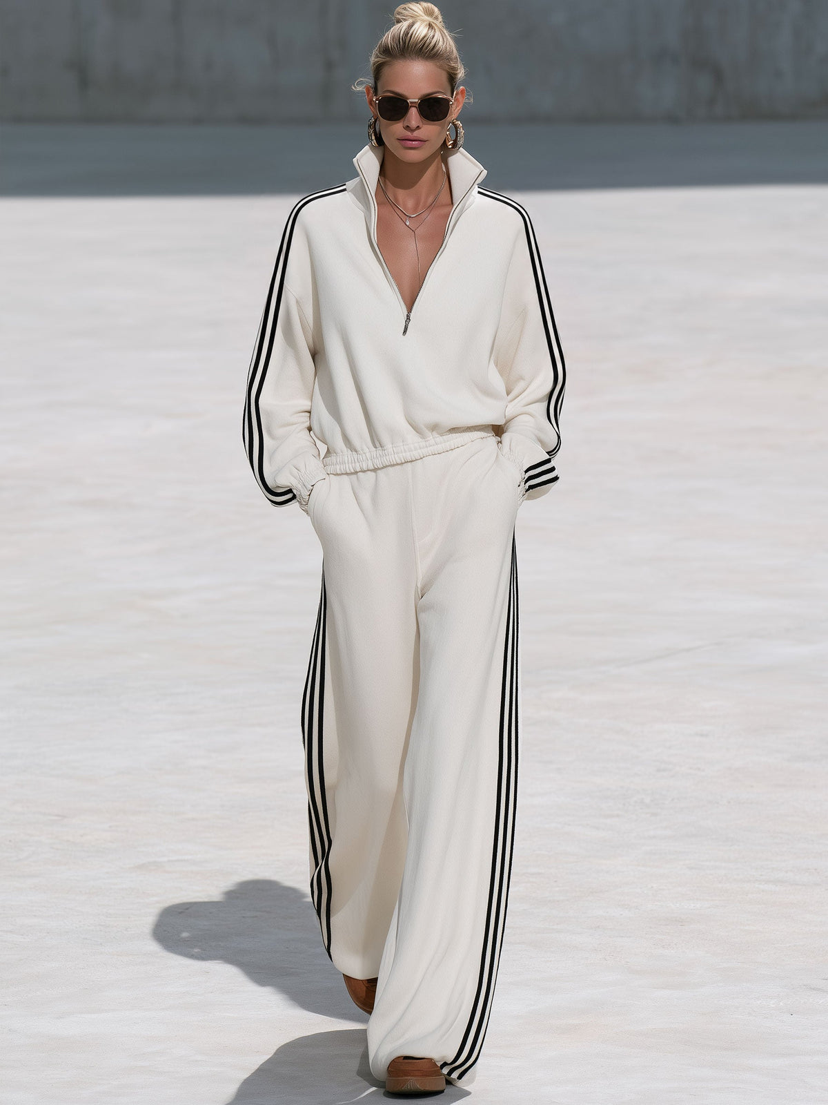 Casual Sporty Black Ribbon White Half-Zip Sweatshirt And Wide-Leg Pants Set  - By Qivii