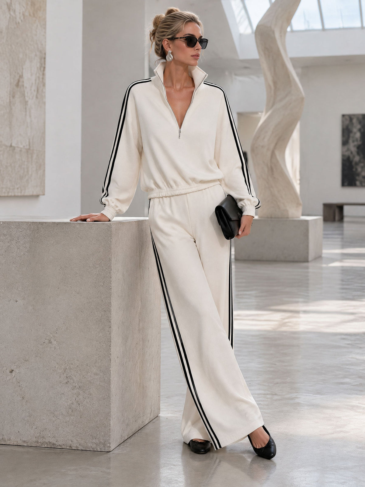 Casual Sporty Black Ribbon White Half-Zip Sweatshirt And Wide-Leg Pants Set  - By Qivii