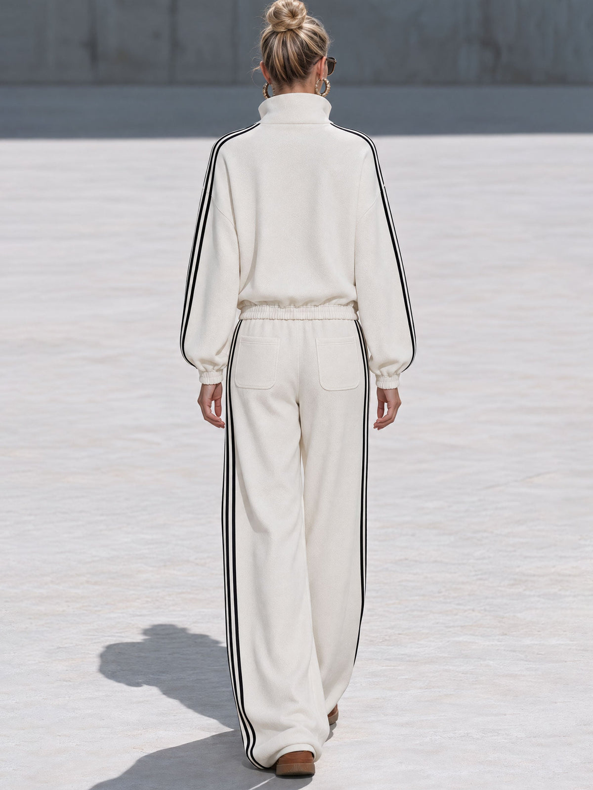 Casual Sporty Black Ribbon White Half-Zip Sweatshirt And Wide-Leg Pants Set  - By Qivii