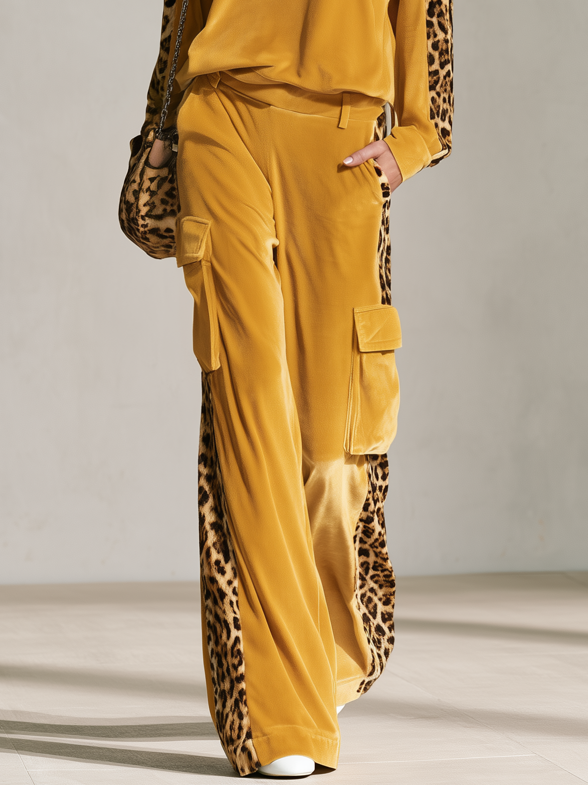 Retro Chic Yellow Leopard Print Velvet Top & Wide-Leg Pants Set  - By Qivii