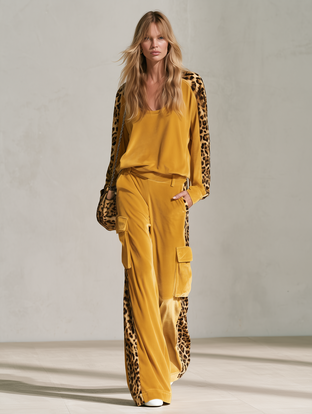 Retro Chic Yellow Leopard Print Velvet Top & Wide-Leg Pants Set  - By Qivii