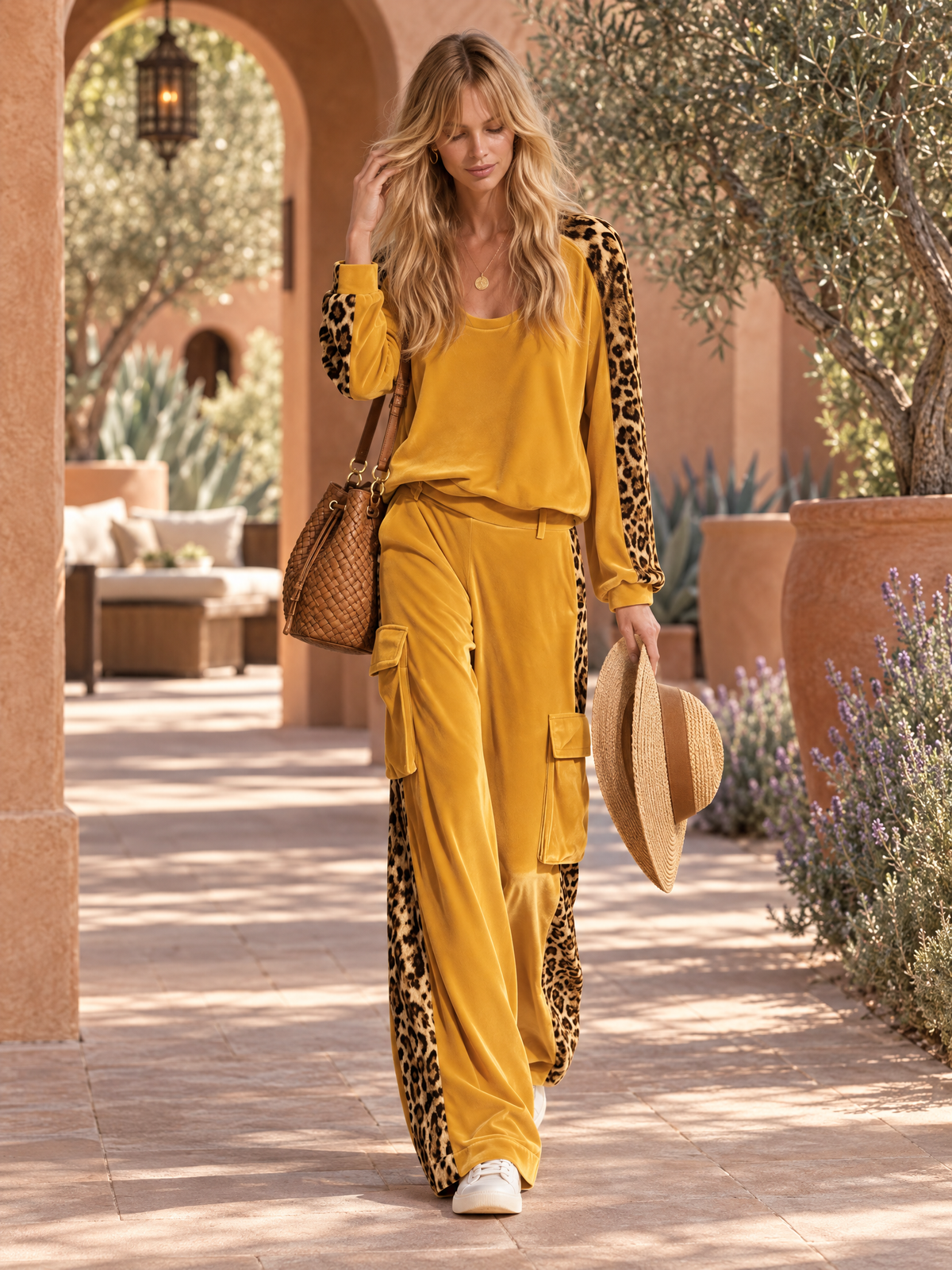 Retro Chic Yellow Leopard Print Velvet Top & Wide-Leg Pants Set  - By Qivii
