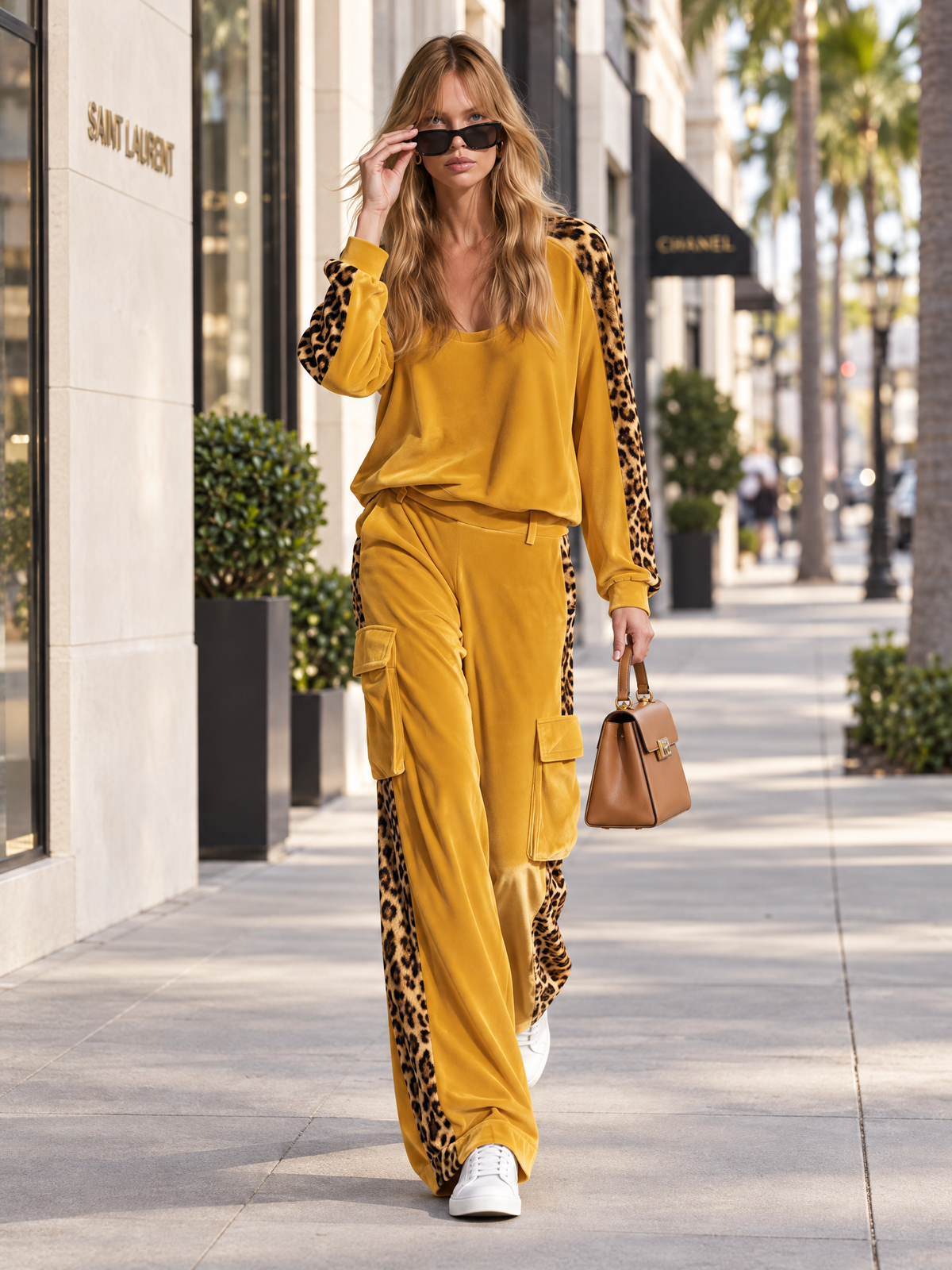 Retro Chic Yellow Leopard Print Velvet Top & Wide-Leg Pants Set  - By Qivii