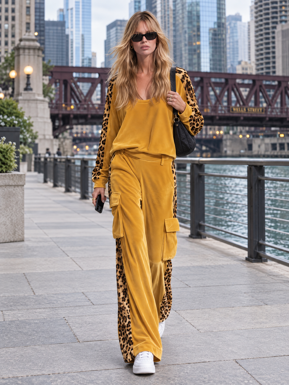 Retro Chic Yellow Leopard Print Velvet Top & Wide-Leg Pants Set  - By Qivii