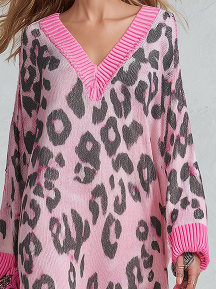 Stylish Loose-Fit Pink Leopard-Print V-Neck Knitted Maxi Dress  - By Qivii