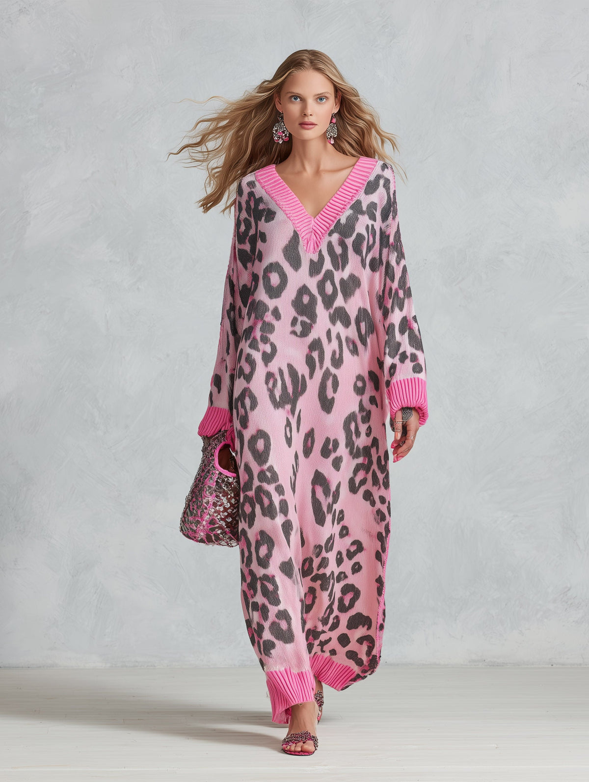 Stylish Loose-Fit Pink Leopard-Print V-Neck Knitted Maxi Dress  - By Qivii