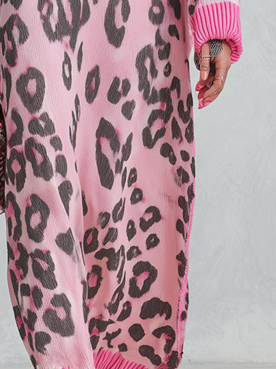 Stylish Loose-Fit Pink Leopard-Print V-Neck Knitted Maxi Dress  - By Qivii