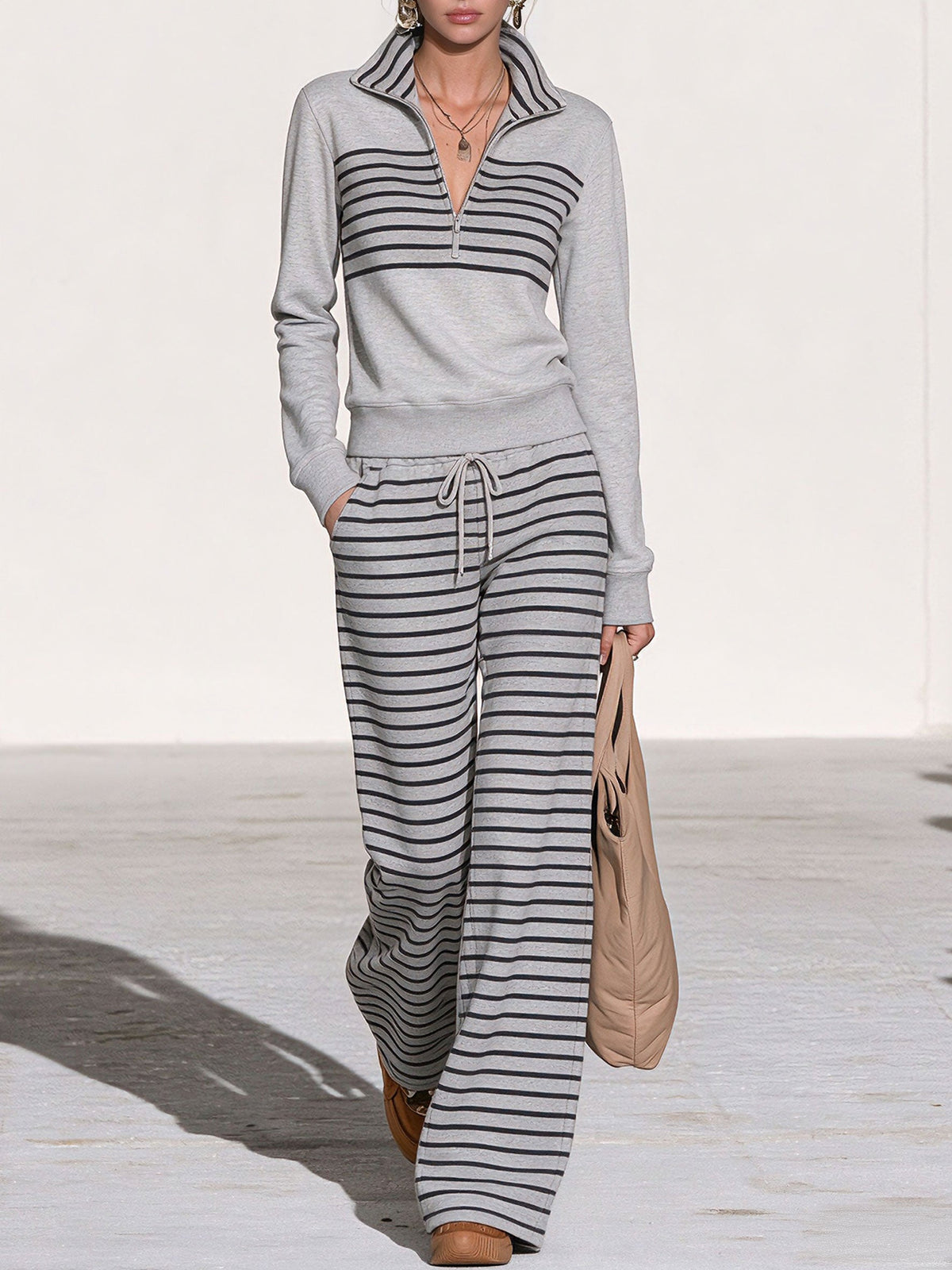 Casual Sporty Striped Light Gray Sweatshirt And Pants Set  - By Qivii
