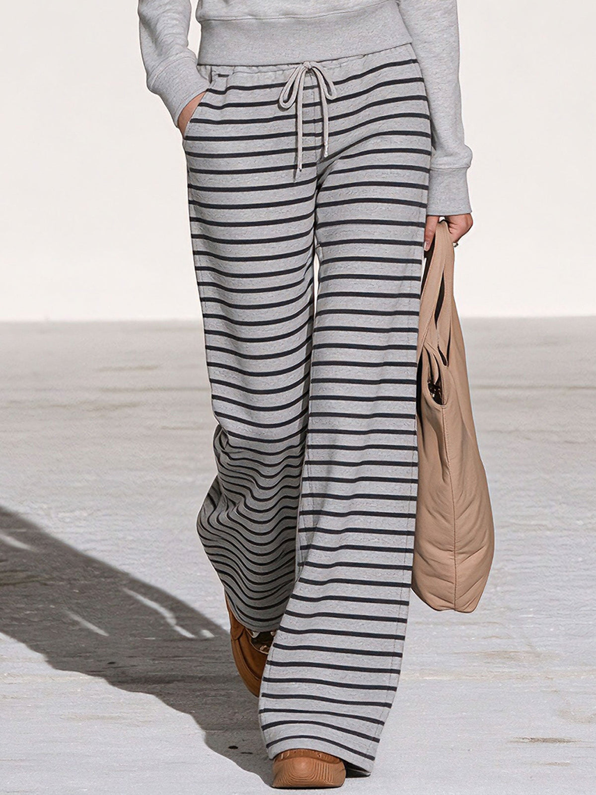 Casual Sporty Striped Light Gray Sweatshirt And Pants Set  - By Qivii