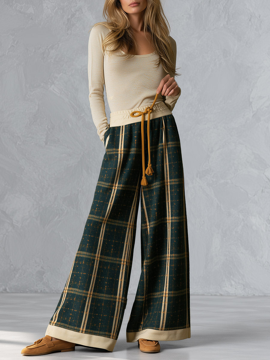 Retro beige long-sleeve T-shirt and green plaid wool-blend wide-leg trousers set by Oyrosy Clothing, women's casual outfit.