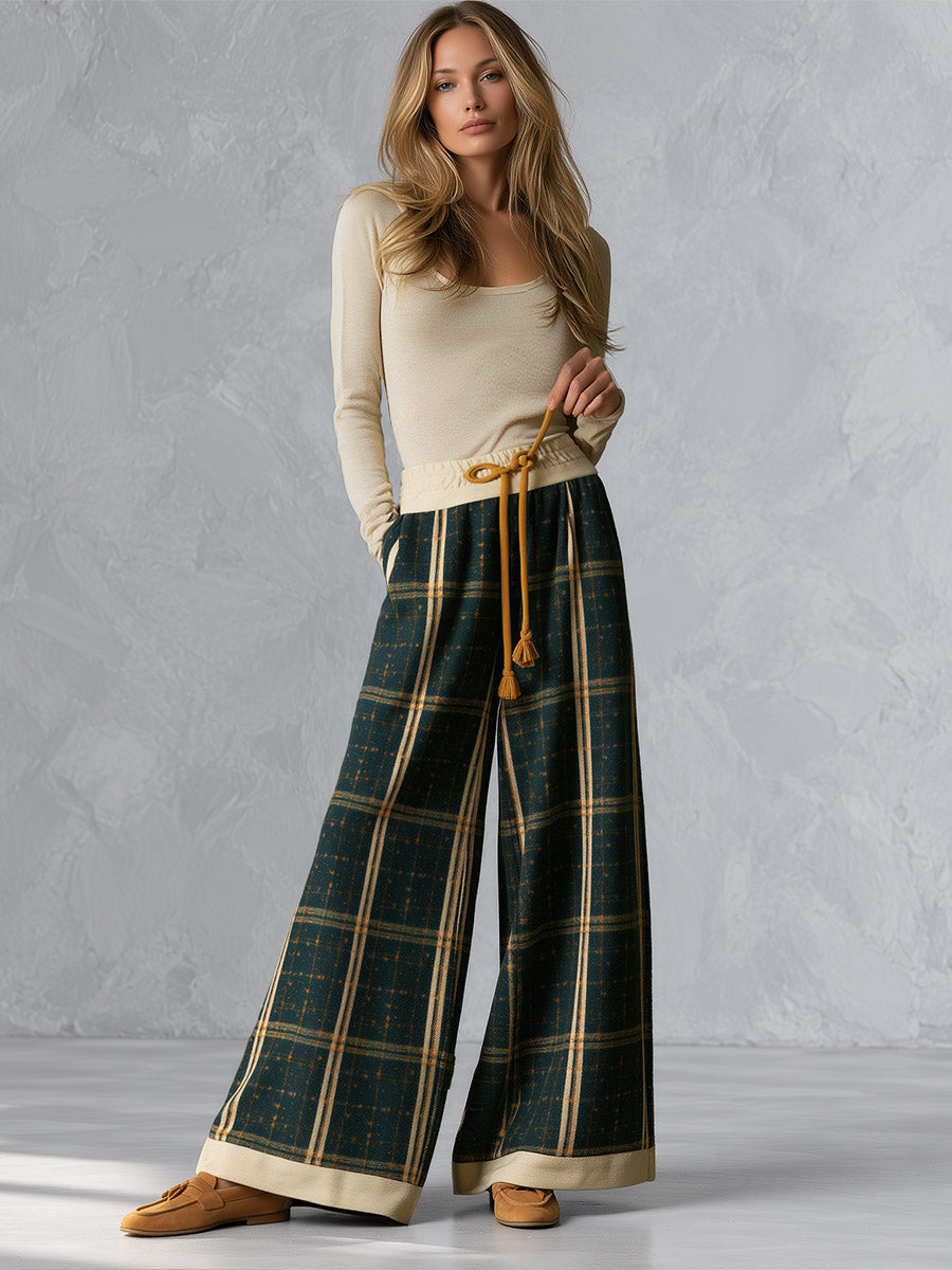 Retro beige long-sleeve T-shirt and green plaid wool-blend wide-leg trousers set by Oyrosy Clothing, styled for women.
