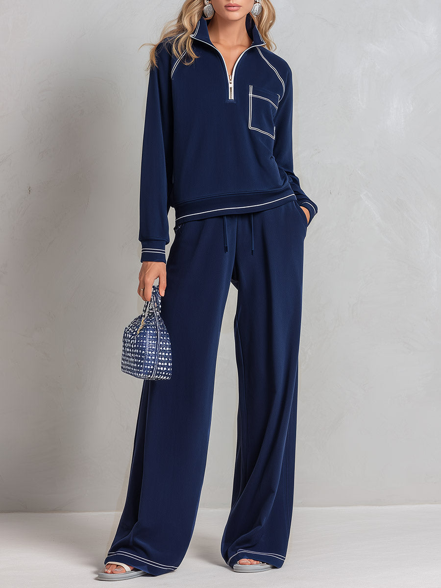 Classic Sporty Trimmed Deep Blue Cotton Sweatshirt And Wide-Leg Pants Set  - By Qivii