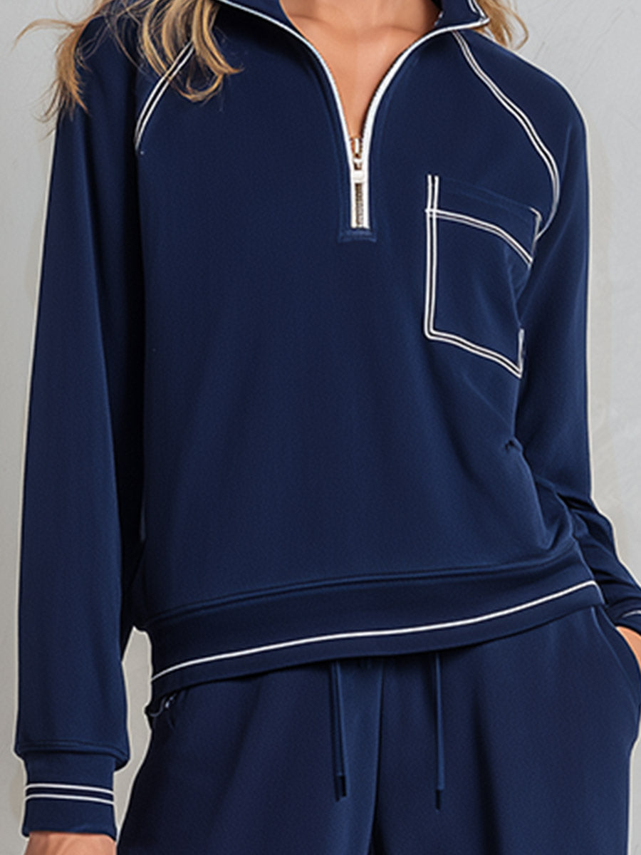 Classic Sporty Trimmed Deep Blue Cotton Sweatshirt And Wide-Leg Pants Set  - By Qivii