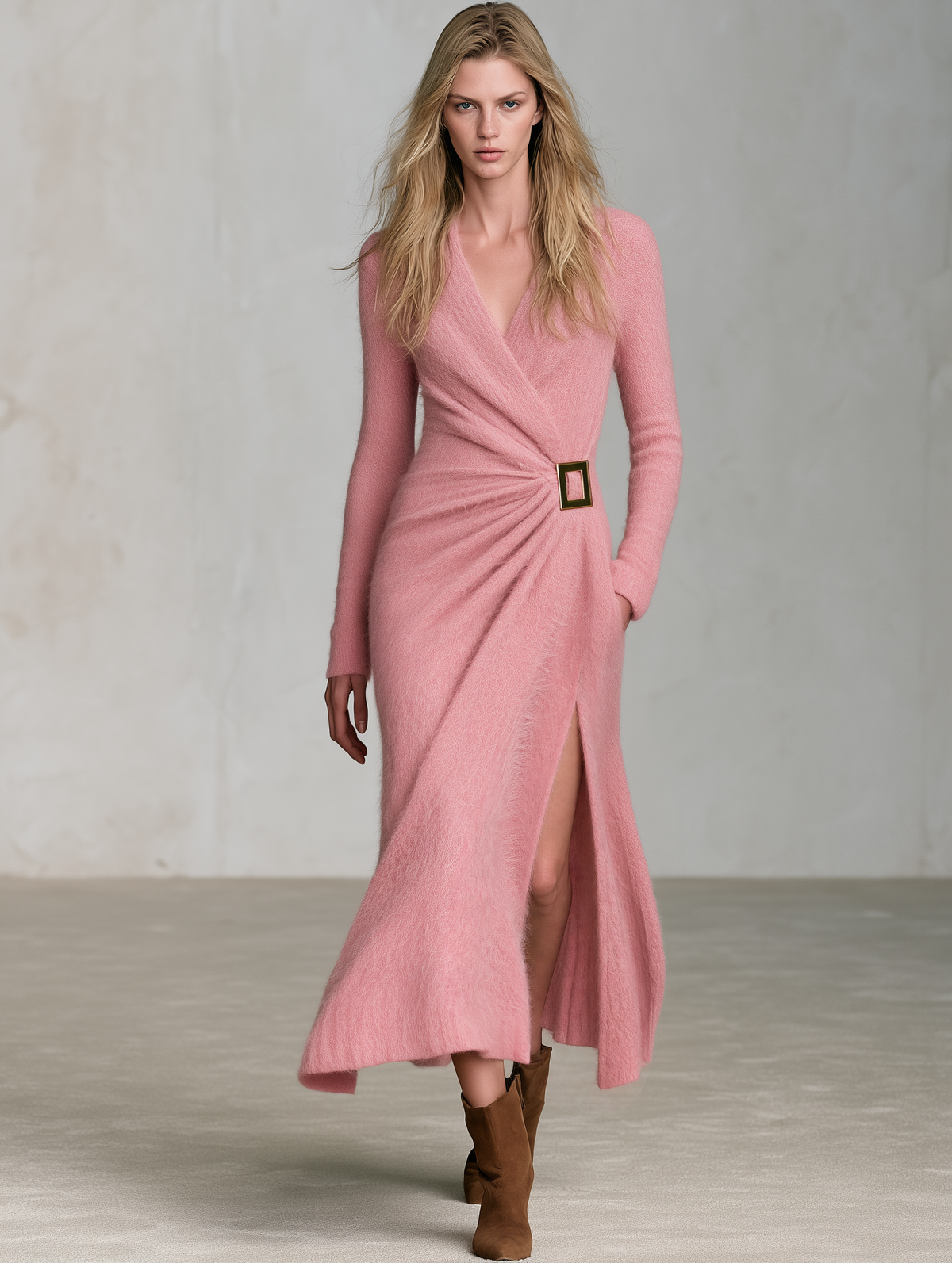 Retro Elegant Dusty Pink Mohair Wrap Gold Buckle Side Slit Midi Dress  - By Qivii