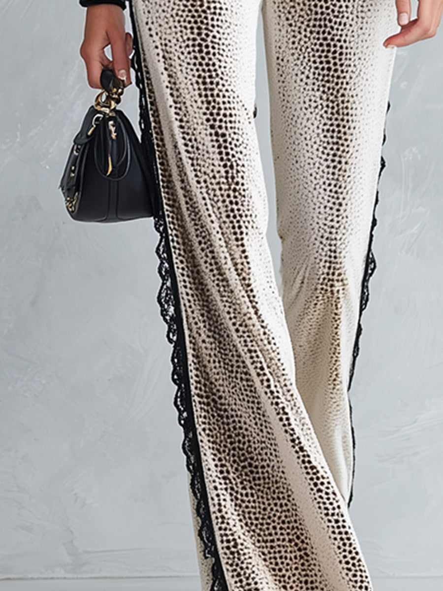 Women's ivory velvet top and wide-leg pants set with polka-dot print and lace trim by Oyrosy Clothing, stylish and comfortable.