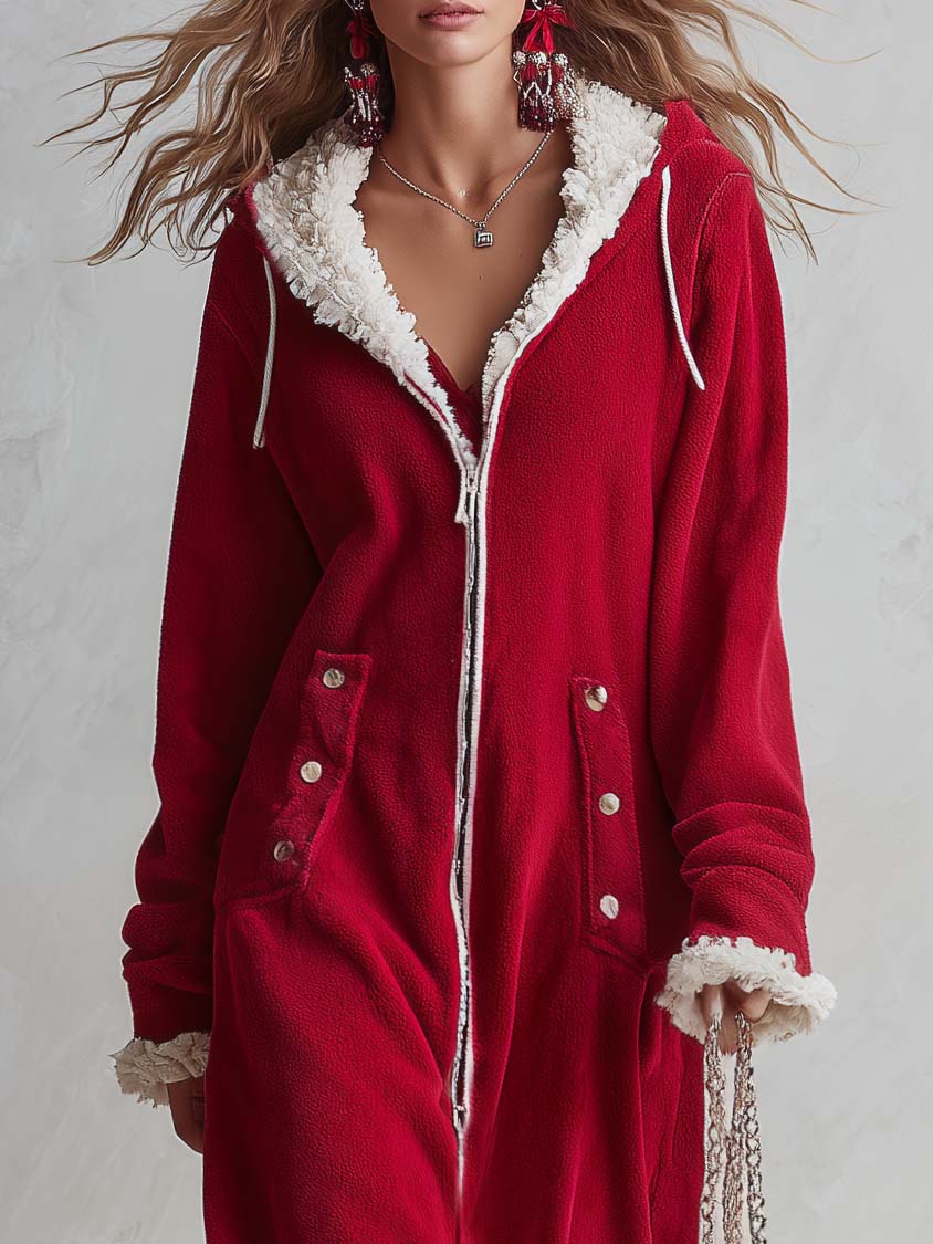 Cozy Retro Red Sherpa Trim Hooded Zip-Up Fleece Hoodie Maxi Dress  - By Qivii