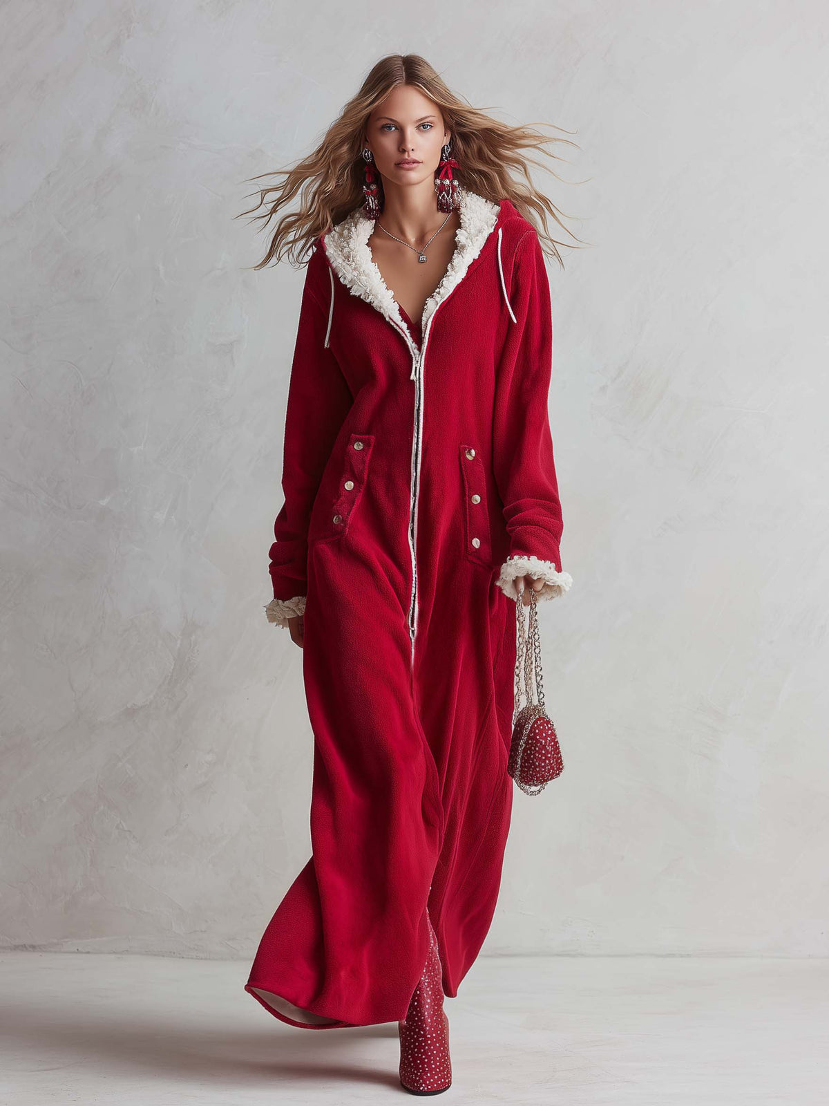 Cozy Retro Red Sherpa Trim Hooded Zip-Up Fleece Hoodie Maxi Dress  - By Qivii
