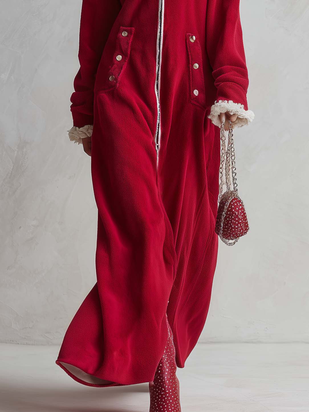 Cozy Retro Red Sherpa Trim Hooded Zip-Up Fleece Hoodie Maxi Dress  - By Qivii
