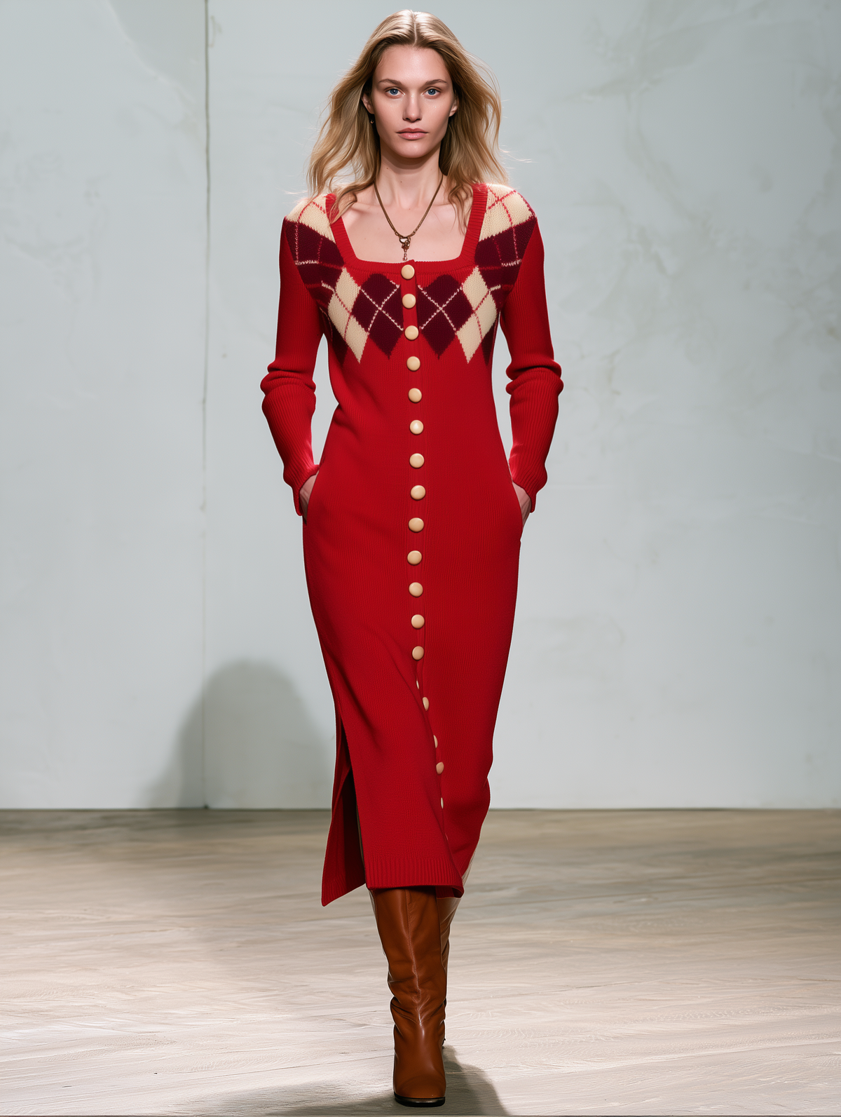 Vintage Elegant Red Plaid Wool Blend Knit Maxi Dress  - By Qivii