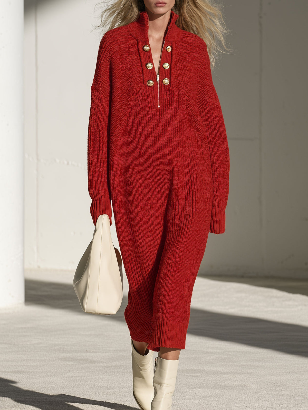 Fashionable Retro Gold Button Half-zip Red Knit Midi Dress  - By Qivii