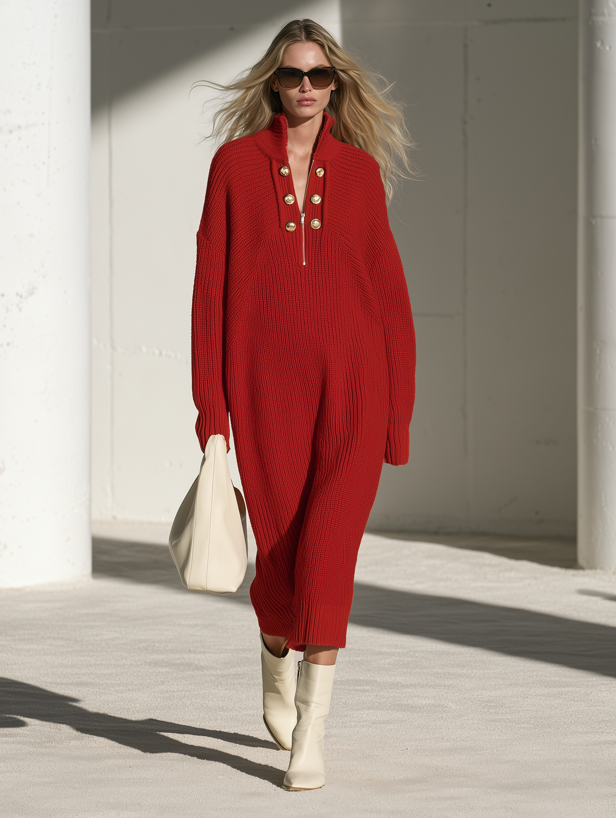 Fashionable Retro Gold Button Half-zip Red Knit Midi Dress  - By Qivii