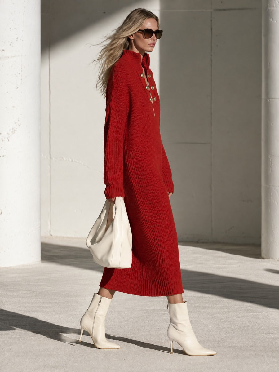 Fashionable Retro Gold Button Half-zip Red Knit Midi Dress  - By Qivii