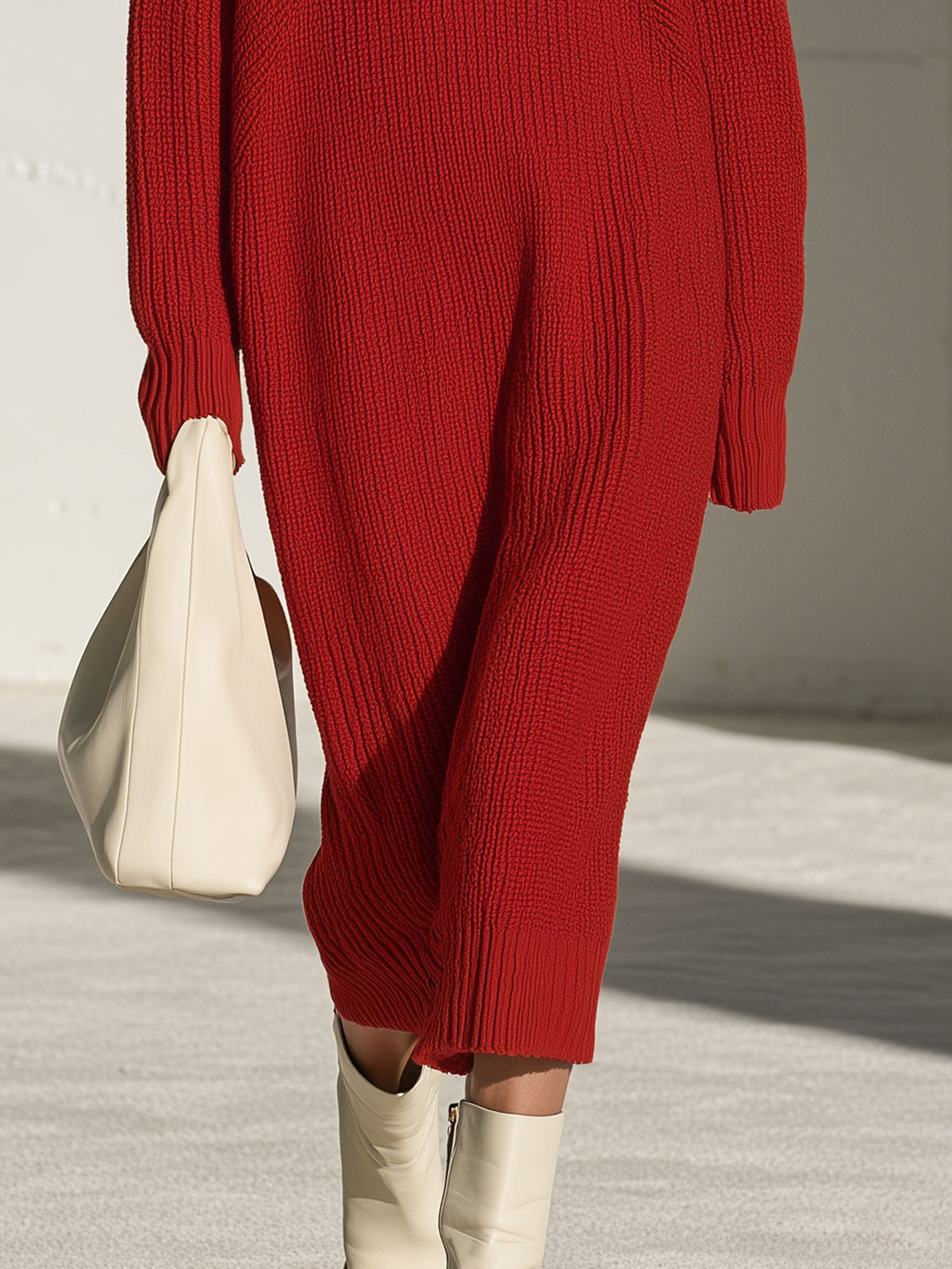 Fashionable Retro Gold Button Half-zip Red Knit Midi Dress  - By Qivii