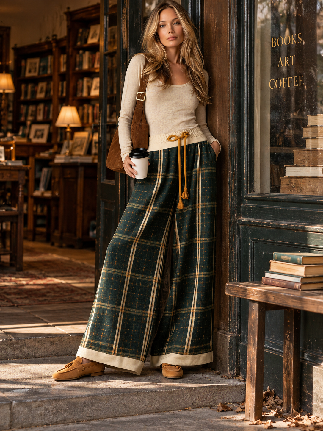 Retro Beige Long-sleeve T-shirt and Green Plaid Wool-blend Wide-leg Trousers Set  - By Qivii