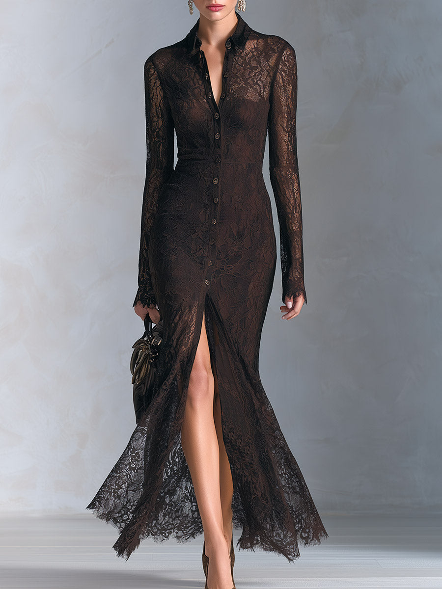 Women's Chocolate Brown Sheer Lace Long Sleeve Button-Front Maxi Dress  - By Qivii