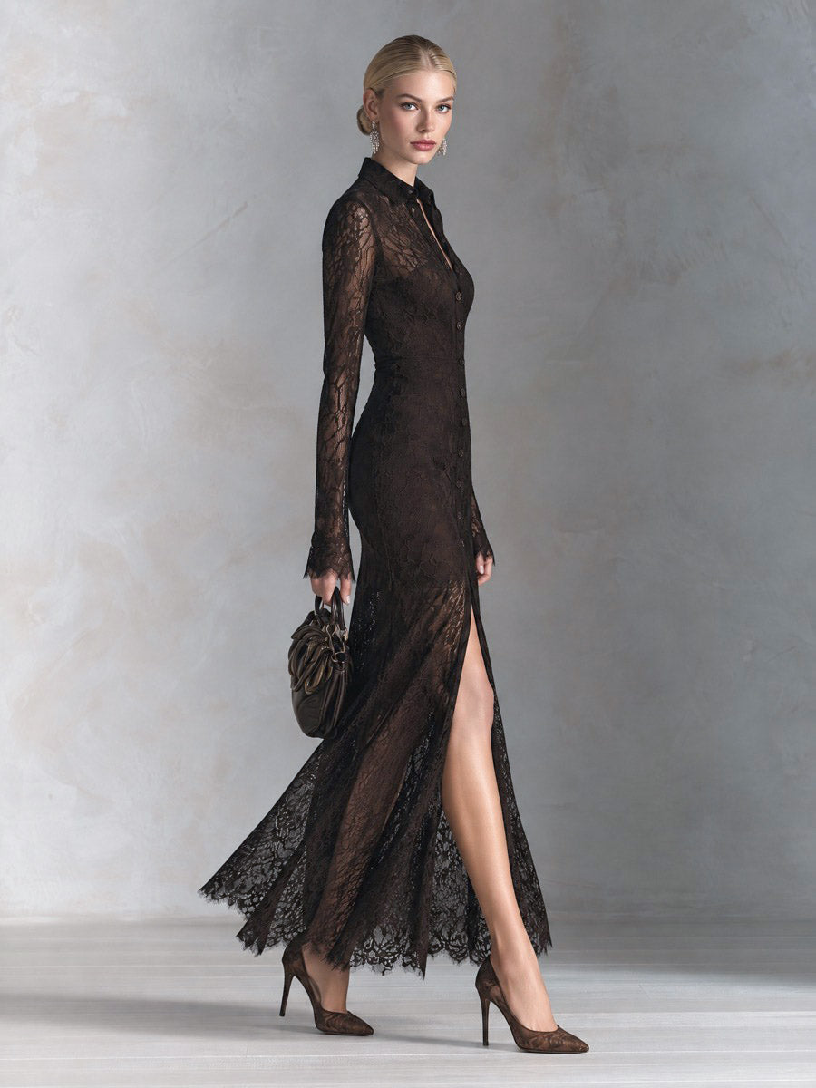 Women's Chocolate Brown Sheer Lace Long Sleeve Button-Front Maxi Dress  - By Qivii