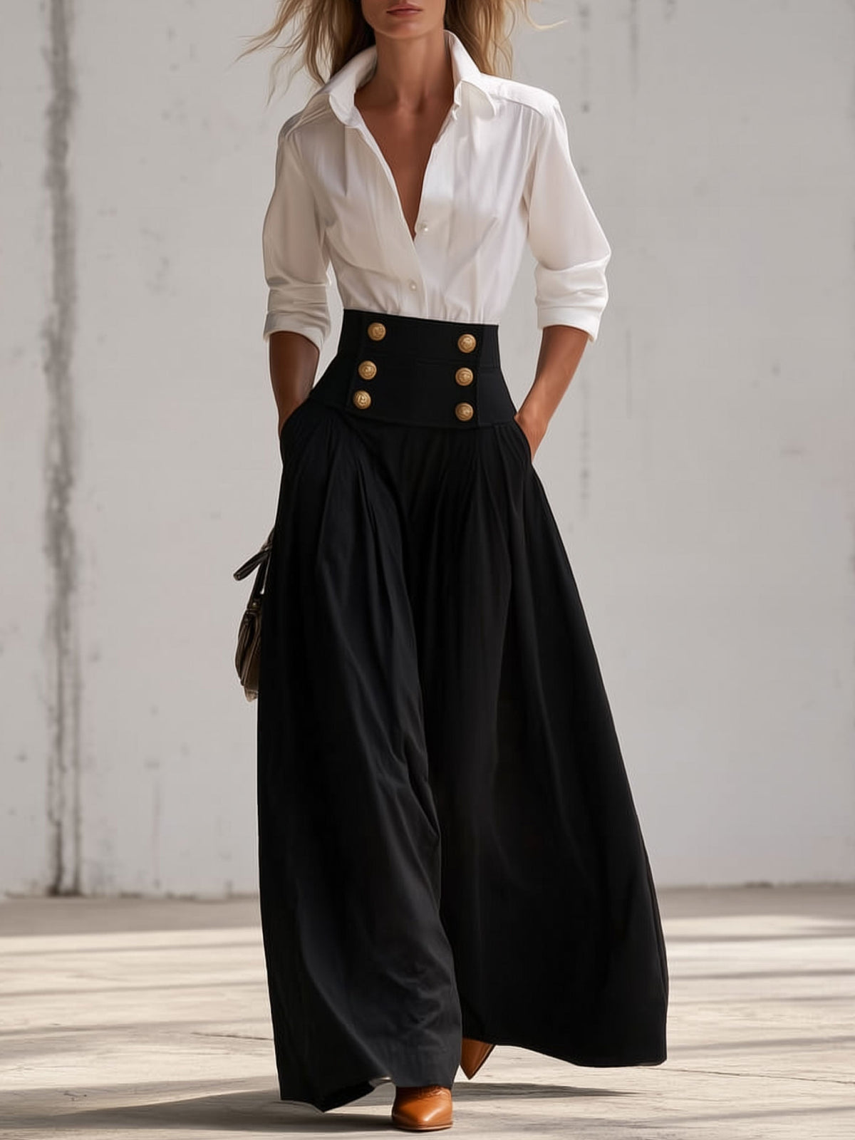 Women's Fashion White Long-Sleeved Shirt And Black High-Waisted Wide-Leg Pants Set  - By Qivii
