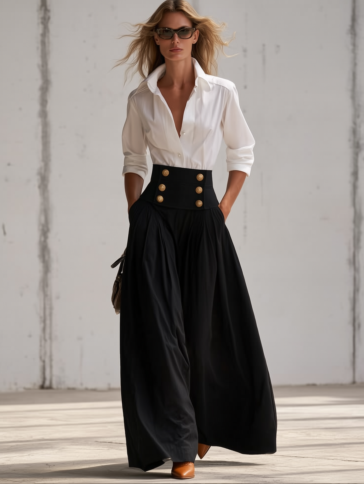 Women's Fashion White Long-Sleeved Shirt And Black High-Waisted Wide-Leg Pants Set  - By Qivii
