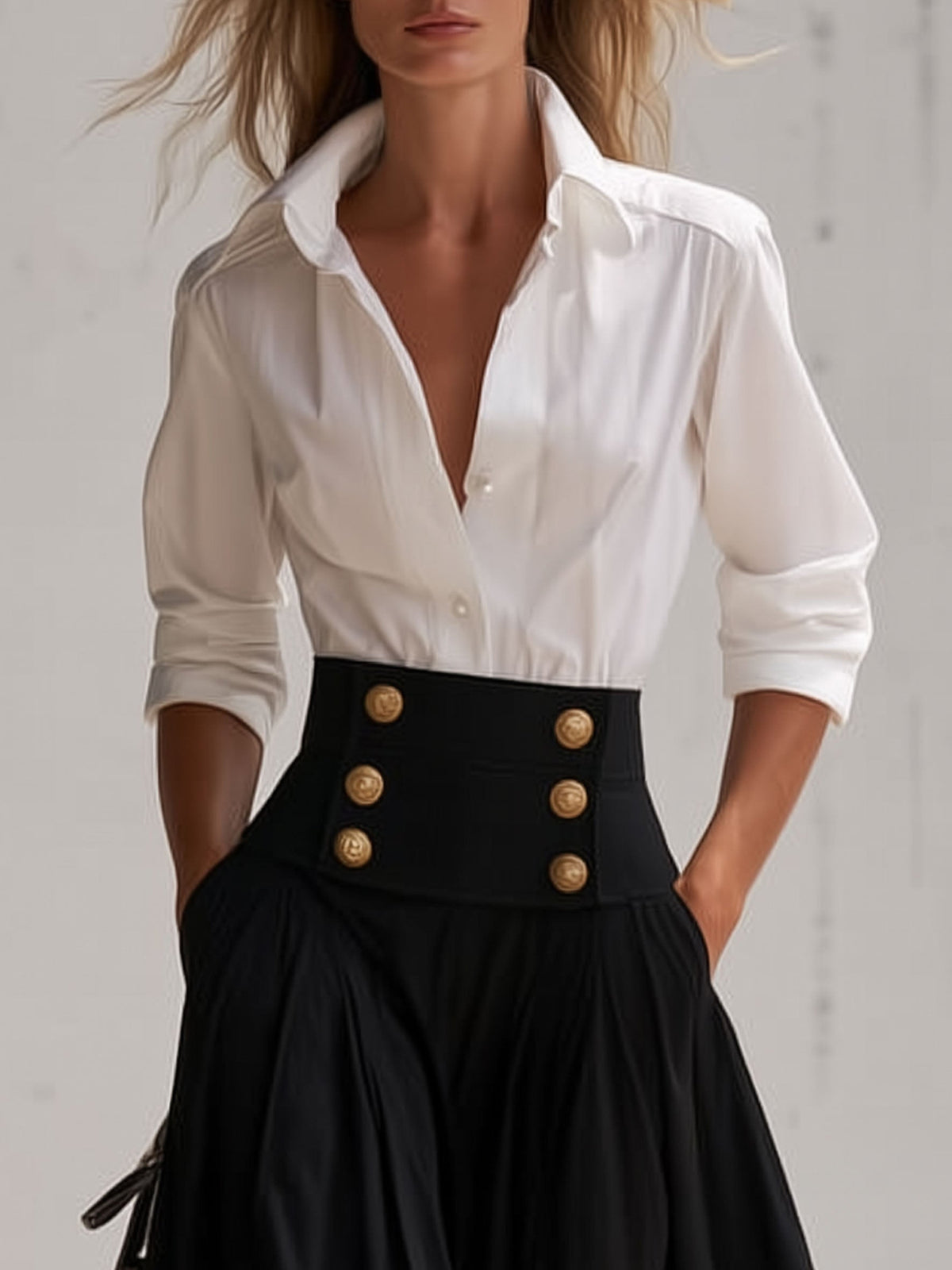 Women's Fashion White Long-Sleeved Shirt And Black High-Waisted Wide-Leg Pants Set  - By Qivii
