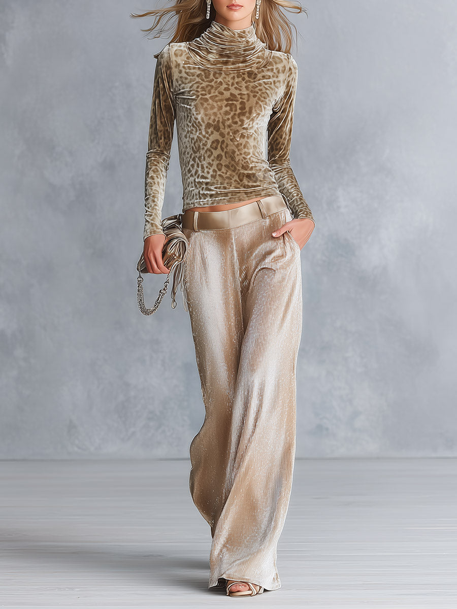 Women's Leopard Print Velvet Turtleneck Top & Champagne Metallic Wide-Leg Pants Two-Piece Set  - By Qivii