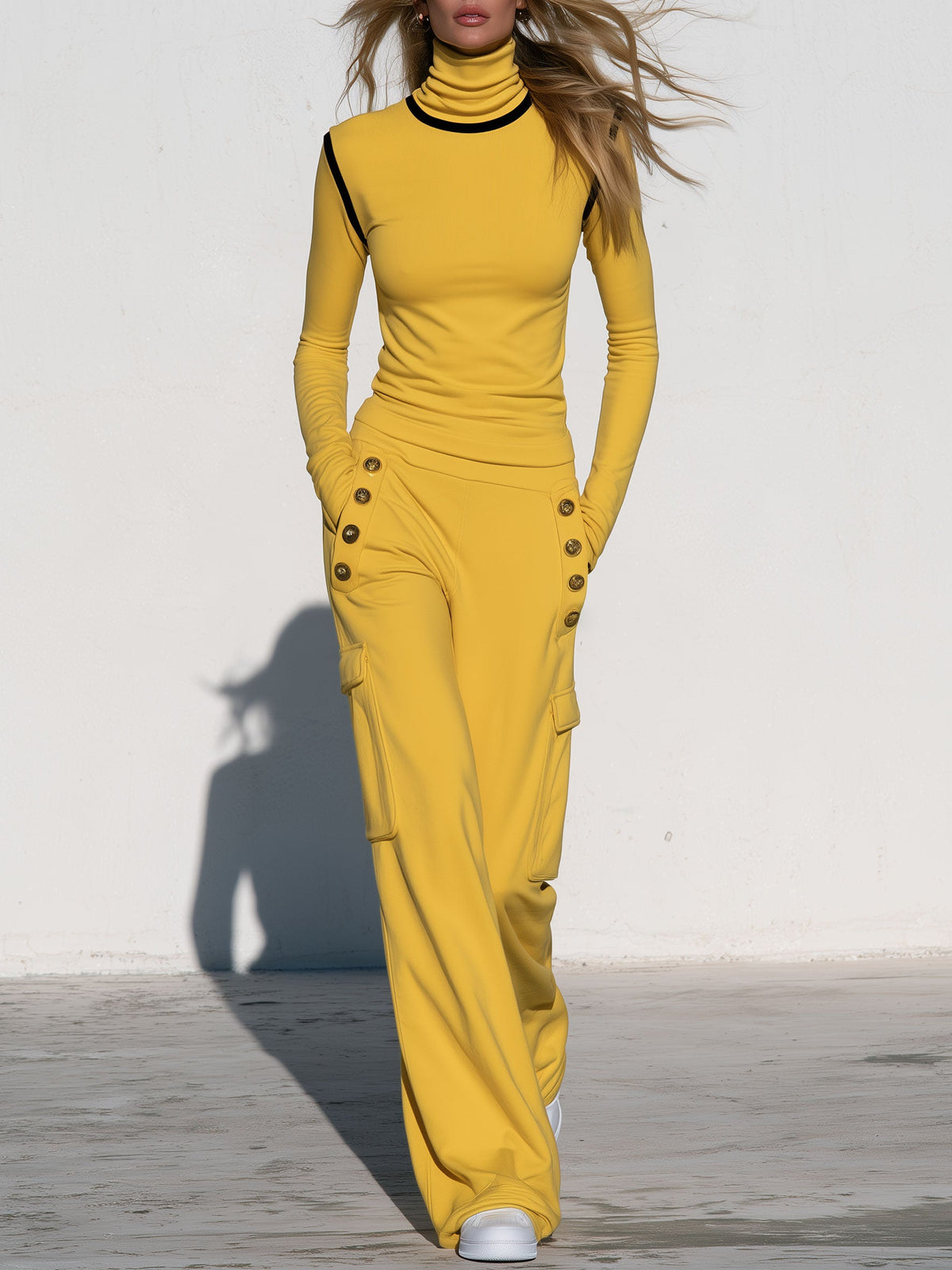 Women’s yellow turtleneck long-sleeved top with black trim paired with black cargo pants, by Oyrosy Clothing, casual women's outfit.