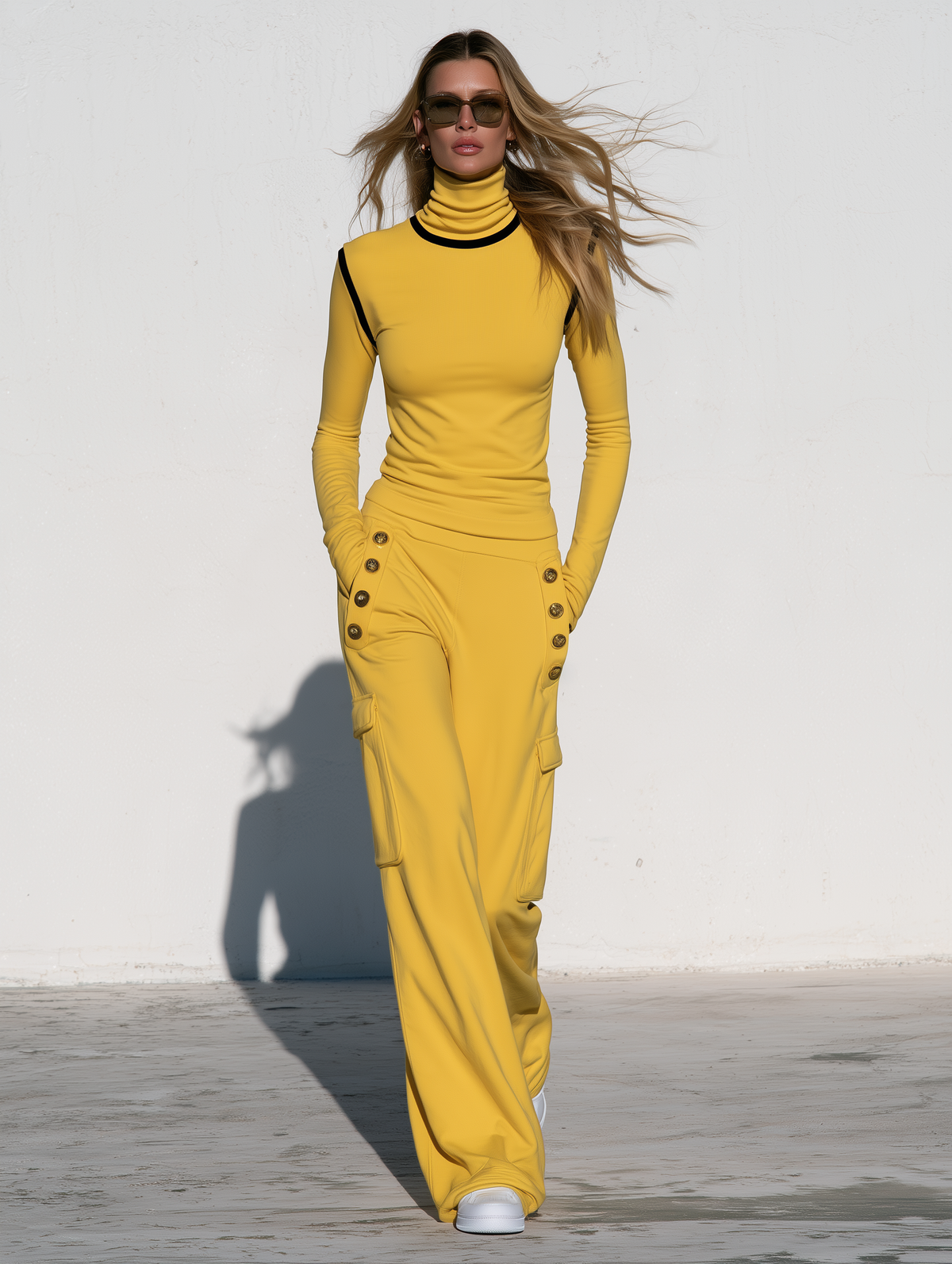 Women's yellow turtleneck long-sleeve top with black trim paired with black cargo pants, stylish Oyrosy Clothing set.