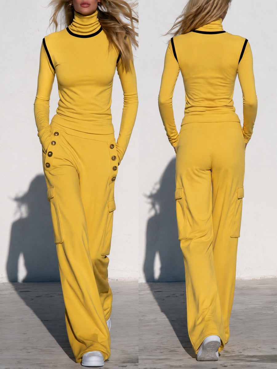 Women's yellow turtleneck long-sleeve top paired with black trimmed cargo pants, casual outfit by Oyrosy Clothing.