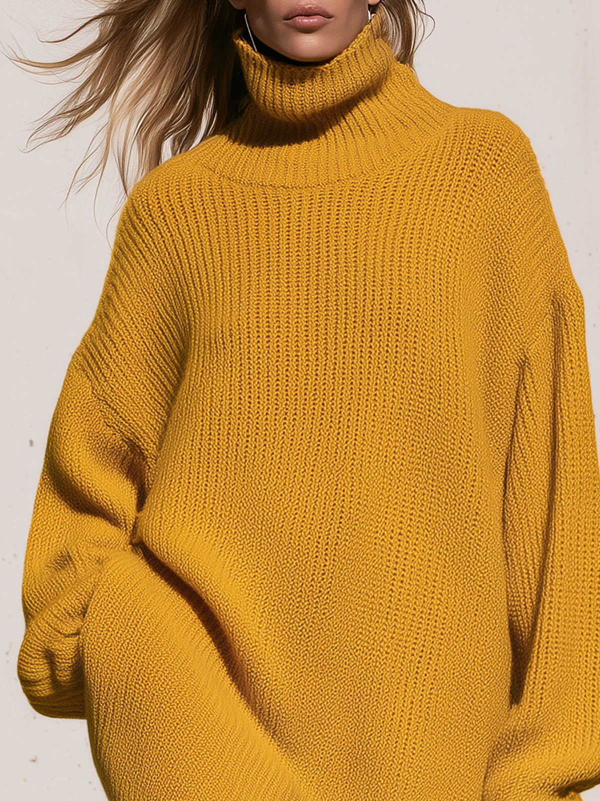 Oversized Turtleneck Mustard Yellow Knitted Long-sleeved Mini Dress  - By Qivii