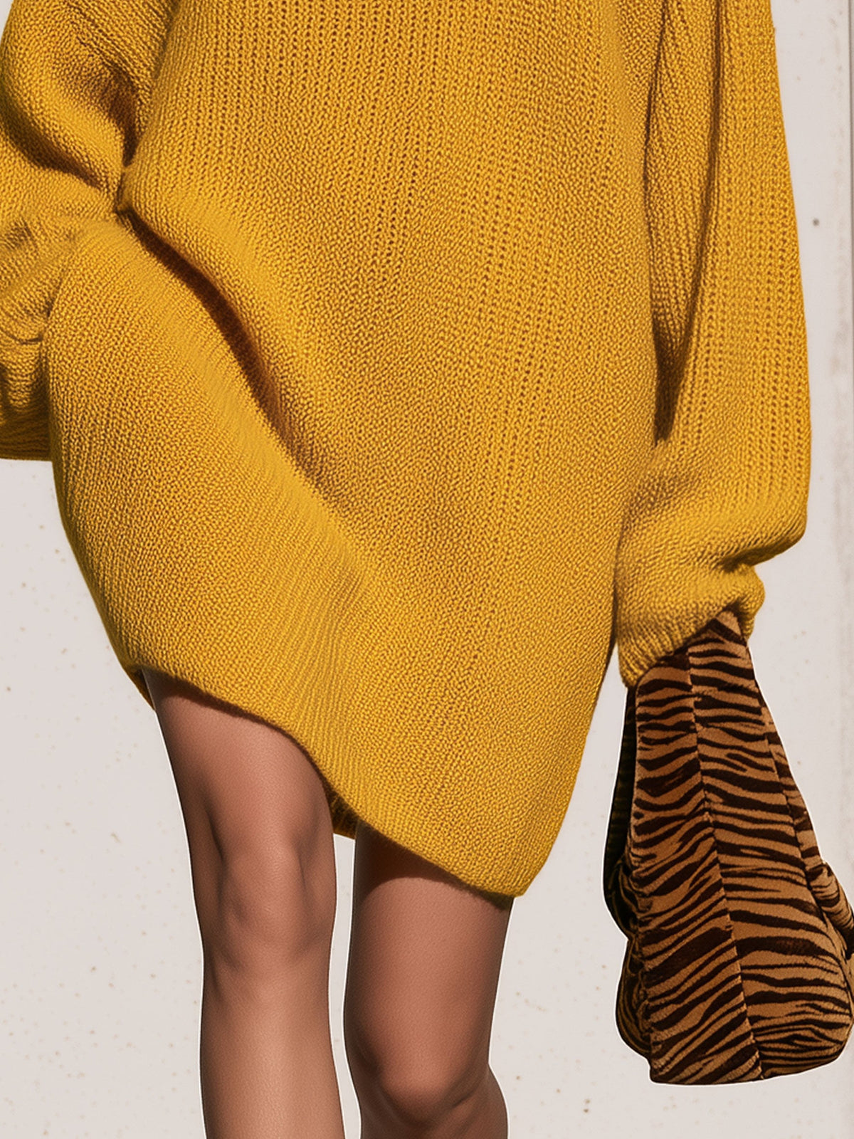 Oversized Turtleneck Mustard Yellow Knitted Long-sleeved Mini Dress  - By Qivii