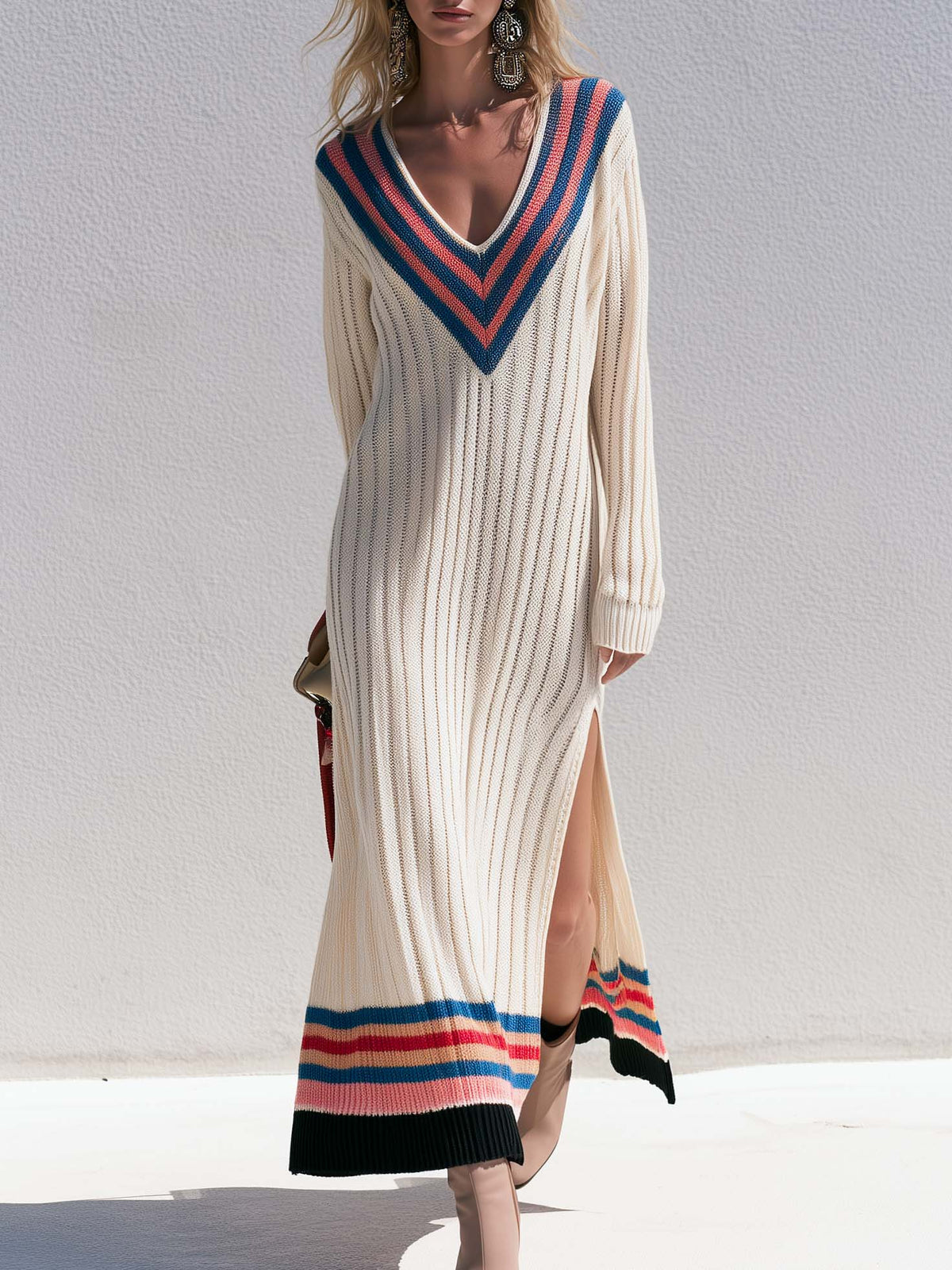 Retro Sporty Cream Varsity Stripe V-Neck Ribbed Knit Side Slit Sweater Maxi Dress  - By Qivii
