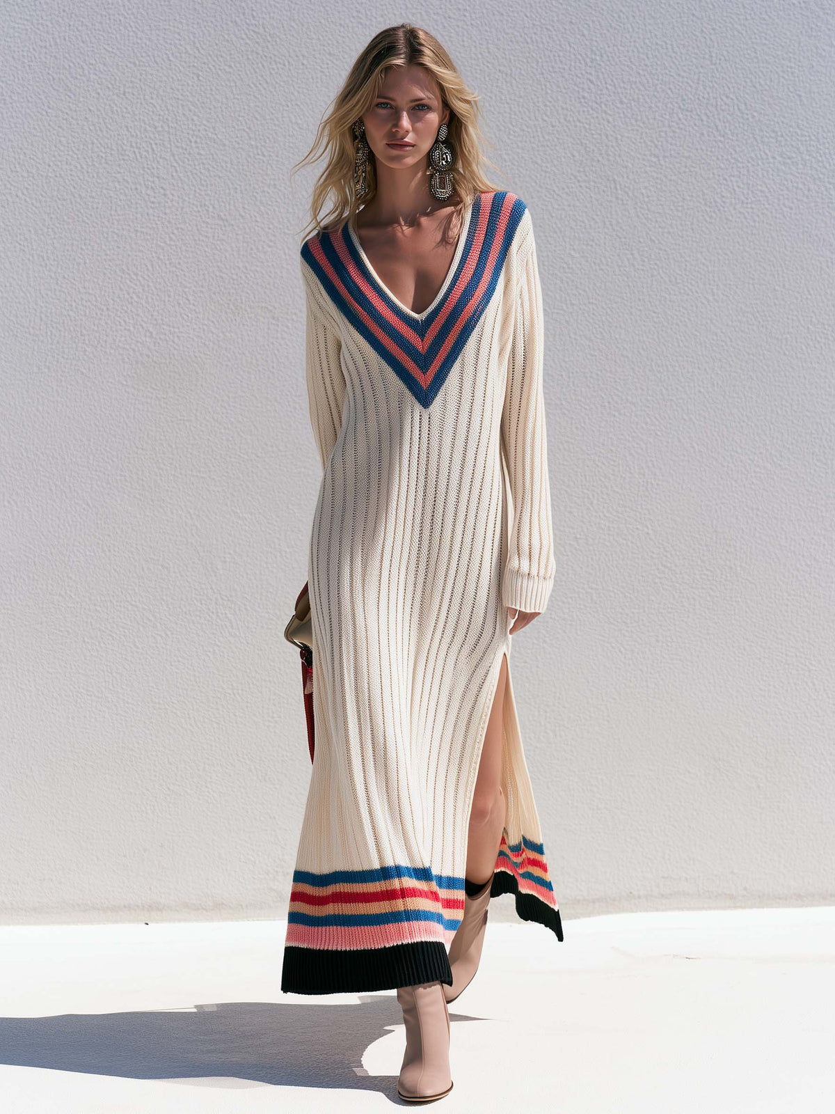 Retro Sporty Cream Varsity Stripe V-Neck Ribbed Knit Side Slit Sweater Maxi Dress  - By Qivii