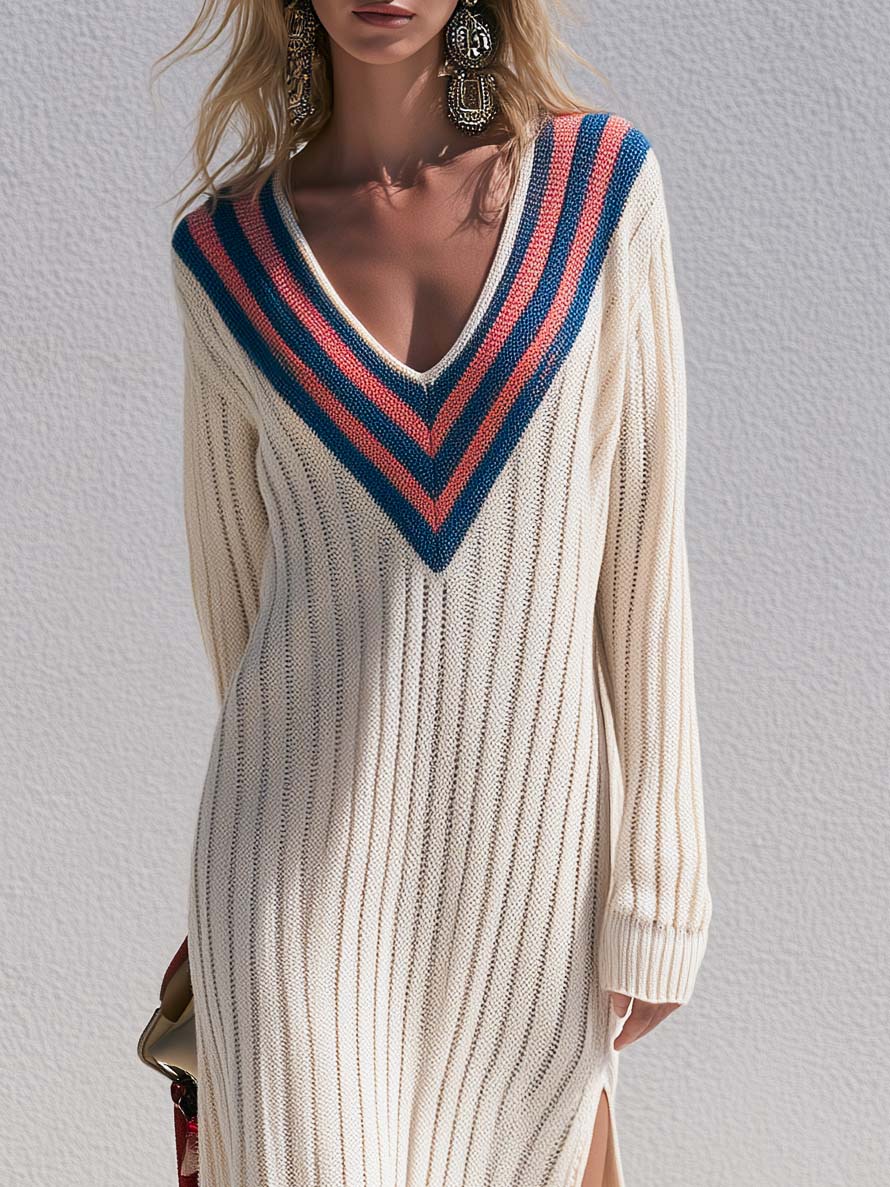 Retro Sporty Cream Varsity Stripe V-Neck Ribbed Knit Side Slit Sweater Maxi Dress  - By Qivii