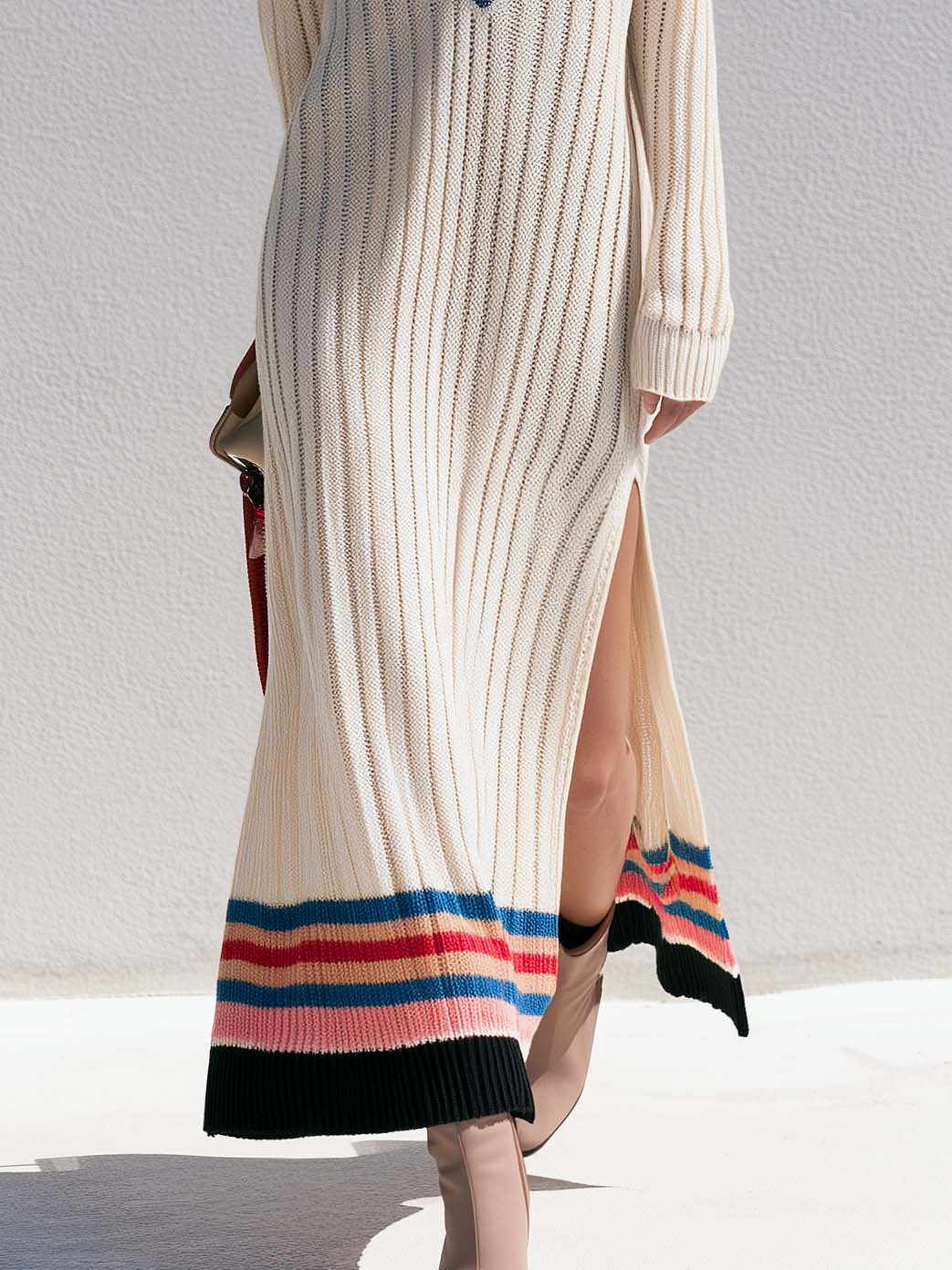 Retro Sporty Cream Varsity Stripe V-Neck Ribbed Knit Side Slit Sweater Maxi Dress  - By Qivii