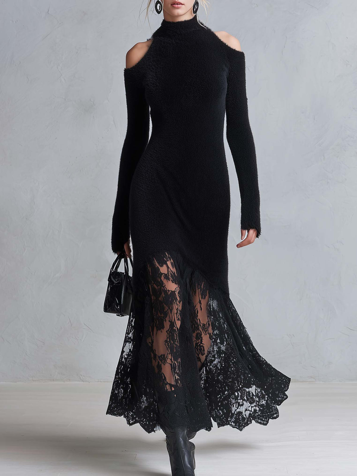 Vintage Romantic Black Fuzzy Knit Long Sleeve Sheer Lace Hem Bodycon Maxi Dress  - By Qivii