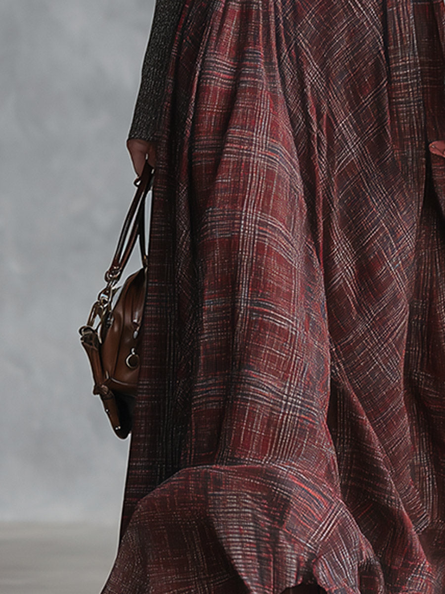 Retro Ribbed Knit Bodice Plaid Collared Maxi Dress  - By Qivii