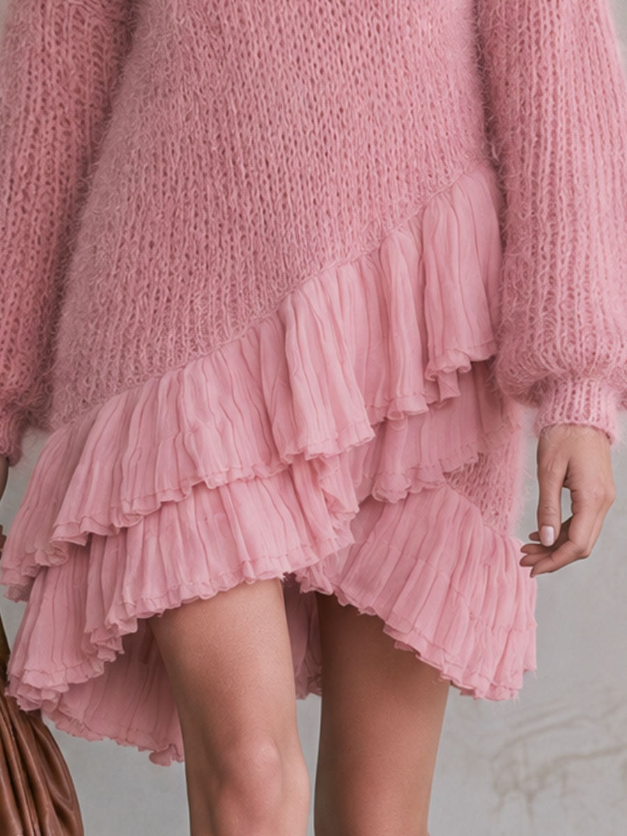 Retro Chic And Elegant Irregular Chiffon Ruffled Pink V-neck Knit Mini Dress  - By Qivii