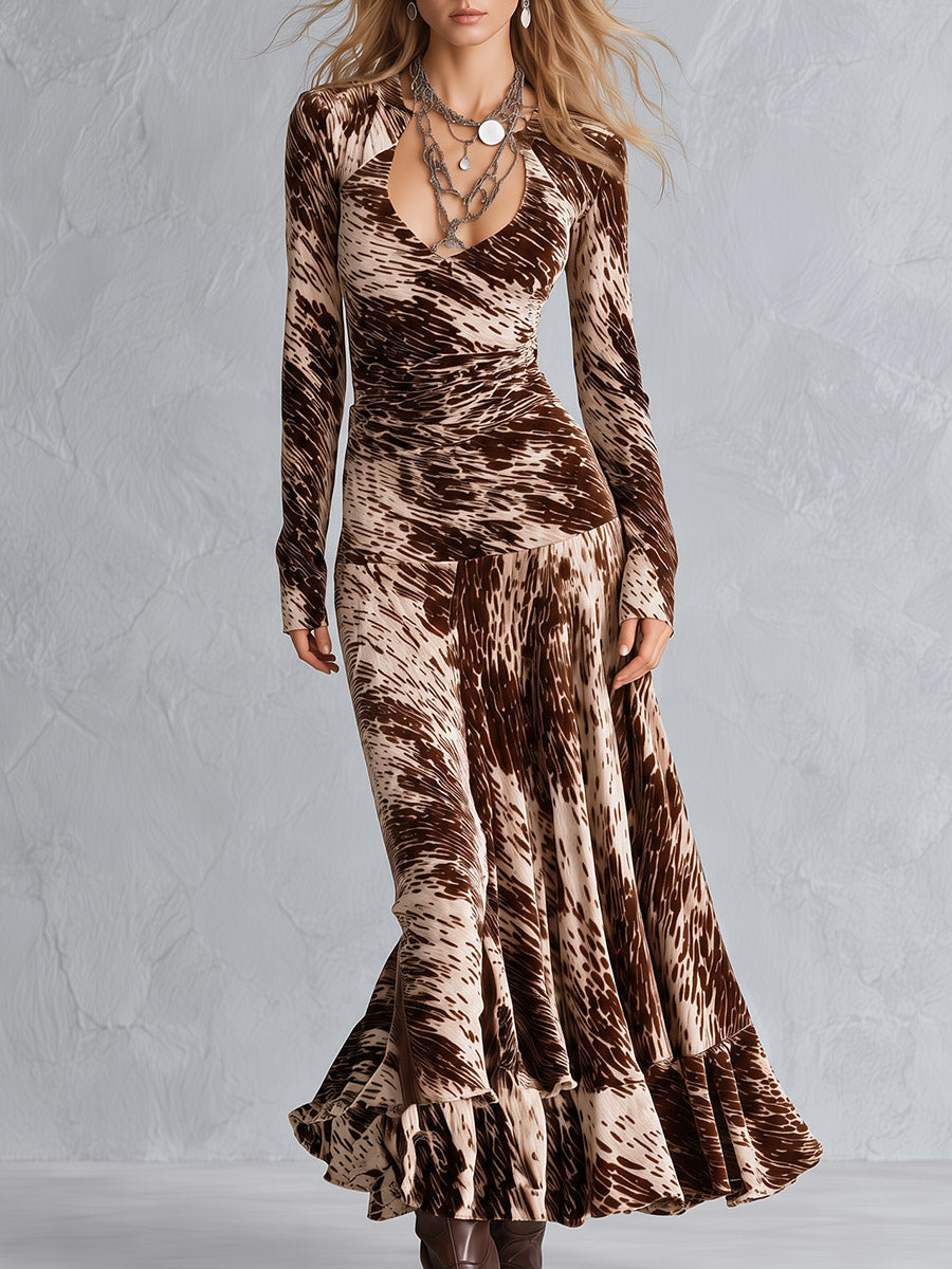 Women's Vintage Beige Animal Print Pleated Ruffle Maxi Dress  - By Qivii